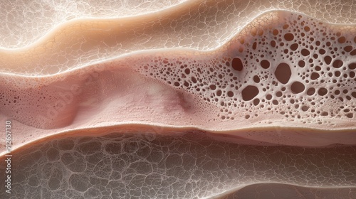 Abstract close-up of a textured surface with a network of bubbles and folds. The pale pink color and organic shape create a unique and intriguing pattern.