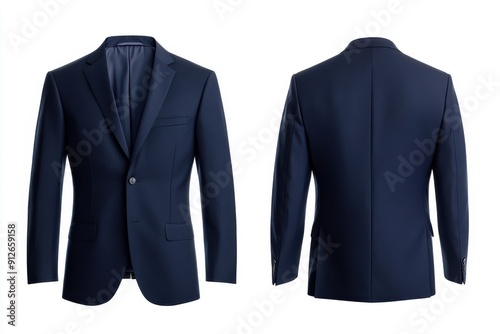 Front and back view of two navy blue blazers on white background