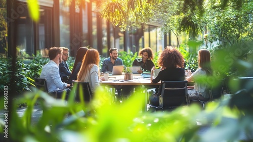 Collaborative brainstorming in an outdoor workspace, greenery surrounding the participants, natural sunlight illuminating the scene, Ecofriendly, Soft colors