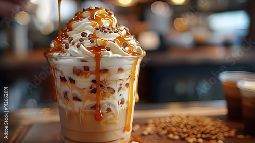 A glass of ice cream with caramel drizzled on top