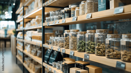 Shelves in a modern dispensary displaying various jars filled with different strains of cannabis buds and other organic products in transparent containers.