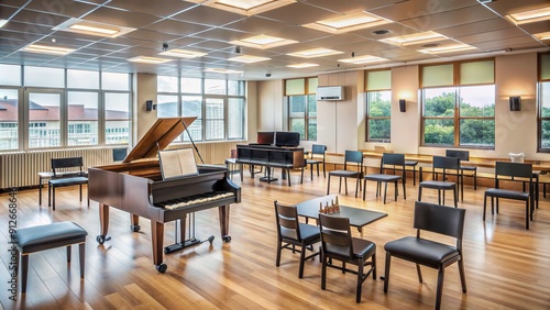 Empty music classroom with piano, chairs, and scores on desks, awaiting young students to arrive and learn the art of playing beautiful melodies together.