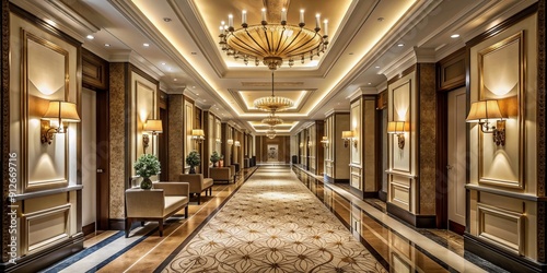 Opulent hotel corridor with sleek modern lines, rich classic accents, and soft ambient lighting, evoking a sense of lavish comfort and expansive sophistication.