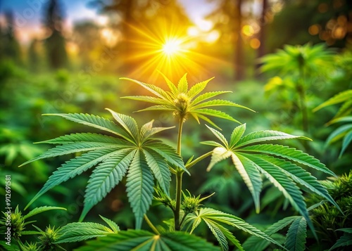 Vibrant green cannabis leaves and hemp plants thrive in a serene natural environment, perfect for 420 celebrations, with soft focus and warm golden lighting.