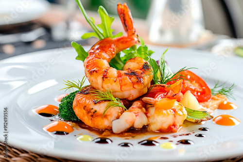 Premium seafood cuisine. Closeup on grilled shrimp and fresh vegetable garnish plating with decorative sauce drizzle on white dish.