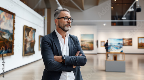 Older man with glasses observing artwork in a well-lit art gallery, wearing a white shirt and dark blazer.