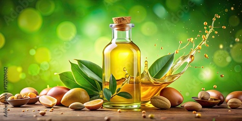 Argan oil bottle surrounded by various fruits and oil splashes on a vibrant green background composite