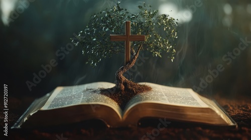 Cross Growing From Open Bible - Symbol of Faith and Hope - A wooden cross grows from an open bible, symbolizing faith, hope, spiritual growth, and the power of the word of God.