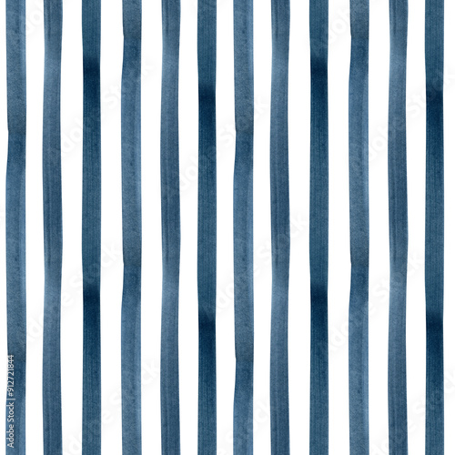 Hand painted watercolor blue indigo striped on white background. Stripe seamless pattern. For fabric, sketchbook, wallpaper, wrapping paper. bags, cards, banner. Stripes vertical illustration. 