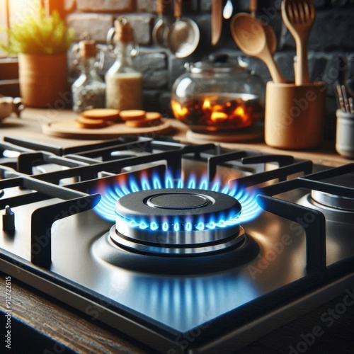 Gas stove burner lit with blue flame in kitchen