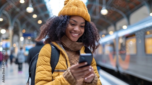 Woman Using Phone at Train Station