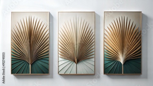 Set of three abstract minimalist botanical wall art panels with translucent palmetto fan leaf