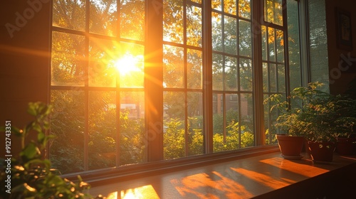 Sunlight streaming through office windows, Monday morning, energizing and optimistic