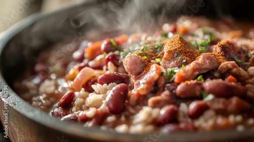 Steaming Hot Red Beans and Rice with Smoked Sausage - A hearty and flavorful dish of red beans and rice with smoked sausage, topped with spices and fresh parsley. This dish is a staple of Southern cui