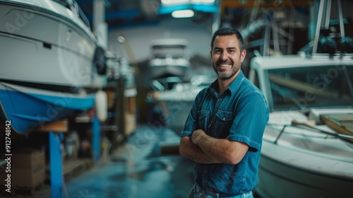 A smiling man in a boat workshop, surrounded by various boats and equipment, radiating pride and dedication to his craft.