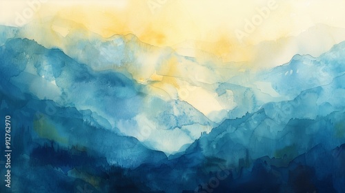 Misty blue mountains with golden horizon watercolor