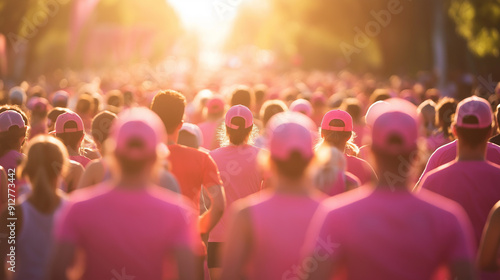 Group of people wearing pink shirts participating in a charity run or walk.