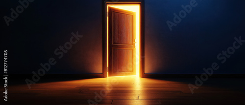 A glowing door opens to a dark room, symbolizing new beginnings and opportunities, inviting curiosity and exploration.