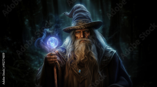 Enigmatic wizard holding magical staff with glowing orb, standing in a mystical forest at night. Merlin on the misty isle of Avalon.