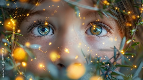 A whimsical scene of a childâ€™s eyes wide with amazement while discovering a magical, twinkling fairy garden, isolated on a soft, white background