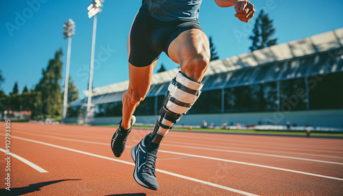 Paralympic Athlete Sprinting on Modern Track with Prosthetic Leg paralympic