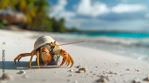 Closeup of a hermit crab on a tropical beach 