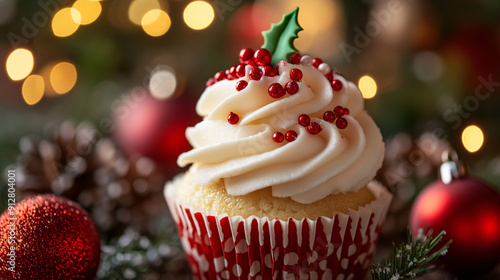 Photography of a close-up of a beautifully decorated Christmas cupcake with festive icing 