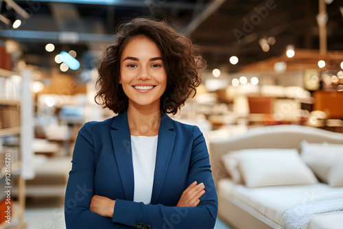 Smiling saleswoman with curly hair in a blue blazer, exuding confidence as she assists customers in a chic furniture store.