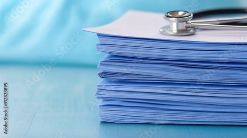 A stack of blue medical papers with a stethoscope placed on top, symbolizing healthcare and medical documentation.