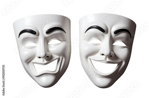 A high-resolution image featuring a pair of white theatrical masks set against a transparent background. 