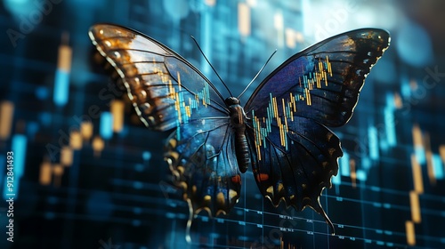 A striking blue butterfly overlays a digital background depicting stock market graphs and data, symbolizing transformation and financial growth. 