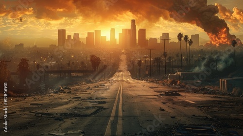 Apocalyptic sunset over abandoned city streets with fiery smoke rising