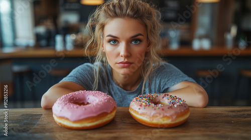 Faced with a tempting dessert, a woman struggles with the decision to eat, reflecting the challenge of resisting sweets. 