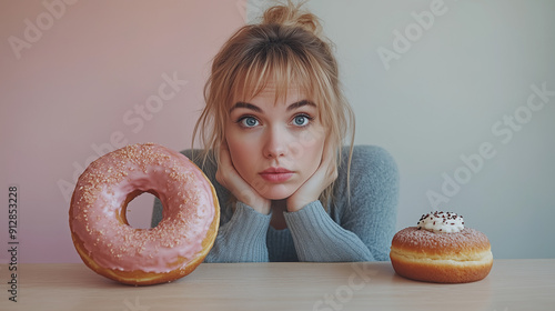 Torn between desire and restraint, a woman contemplates eating large quantities of sweets, highlighting her internal struggle with temptation. 