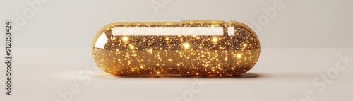 A shiny gold capsule filled with sparkling glitter, perfect for health, beauty, or wellness themes.