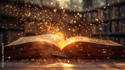 Magic book releasing sparkling stardust into ethereal mist, surrounded by shelves filled with ancient scrolls.