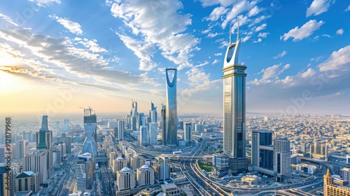 Riyadh's Golden Hour: A panoramic vista of Saudi Arabia's capital city, bathed in the warm glow of sunset, showcasing its iconic skyline and modern architectural marvels.