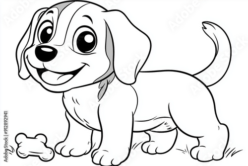 a children's coloring page depicting a friendly beagle with a bone