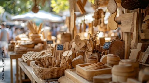 A vibrant market stall filled with an array of handcrafted wooden items, showcasing various utensils and decorations under natural light.