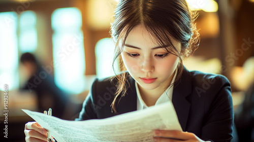 Japanese businesswoman reading a report at her desk