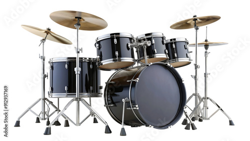 Black drum set with cymbals isolated on transparent background