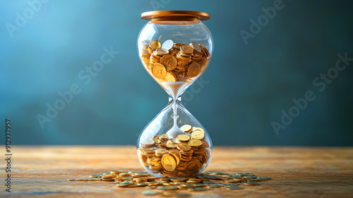 A stunning hourglass filled with coins symbolizes the value of time and money, capturing the essence of financial growth.