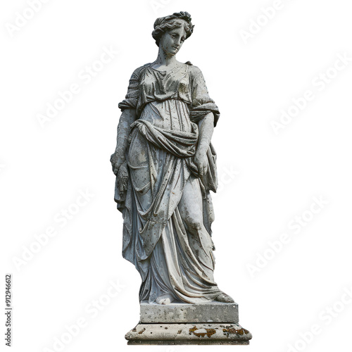 Weathered statue of a woman in a flowing dress standing with a contemplative pose