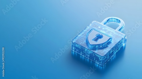 A translucent lock symbolizing online data security, highlighted in blue, representing digital protection and privacy on a modern background.