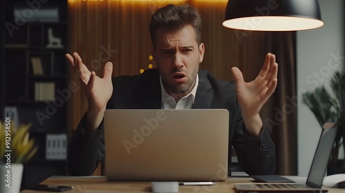 Frustrated businessman looking at laptop in despair.