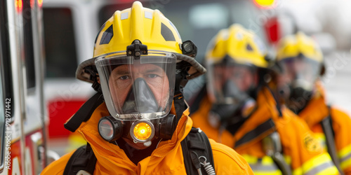 A firefighter wearing a respirator stares intently ahead, the scene of a disaster unfolding behind him