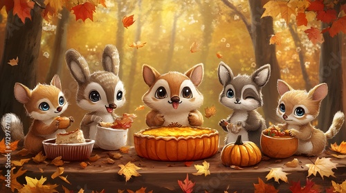 Cartoon animals having a Thanksgiving feast with a turkey pumpkin pie and autumn leaves