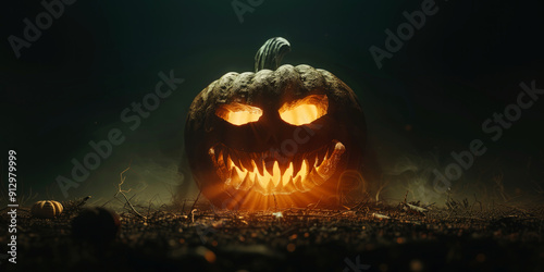 Halloween pumpkins with scary faces on black background. 