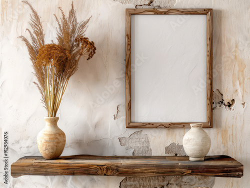 A rustic wooden shelf mounted on a textured wall, decorated with dried flowers in a vase, another vase, and a blank wooden frame.