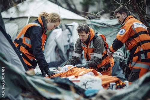 Rescue teams setting up a temporary medical station at the site of a natural disaster, providing first aid and medical care to injured survivors